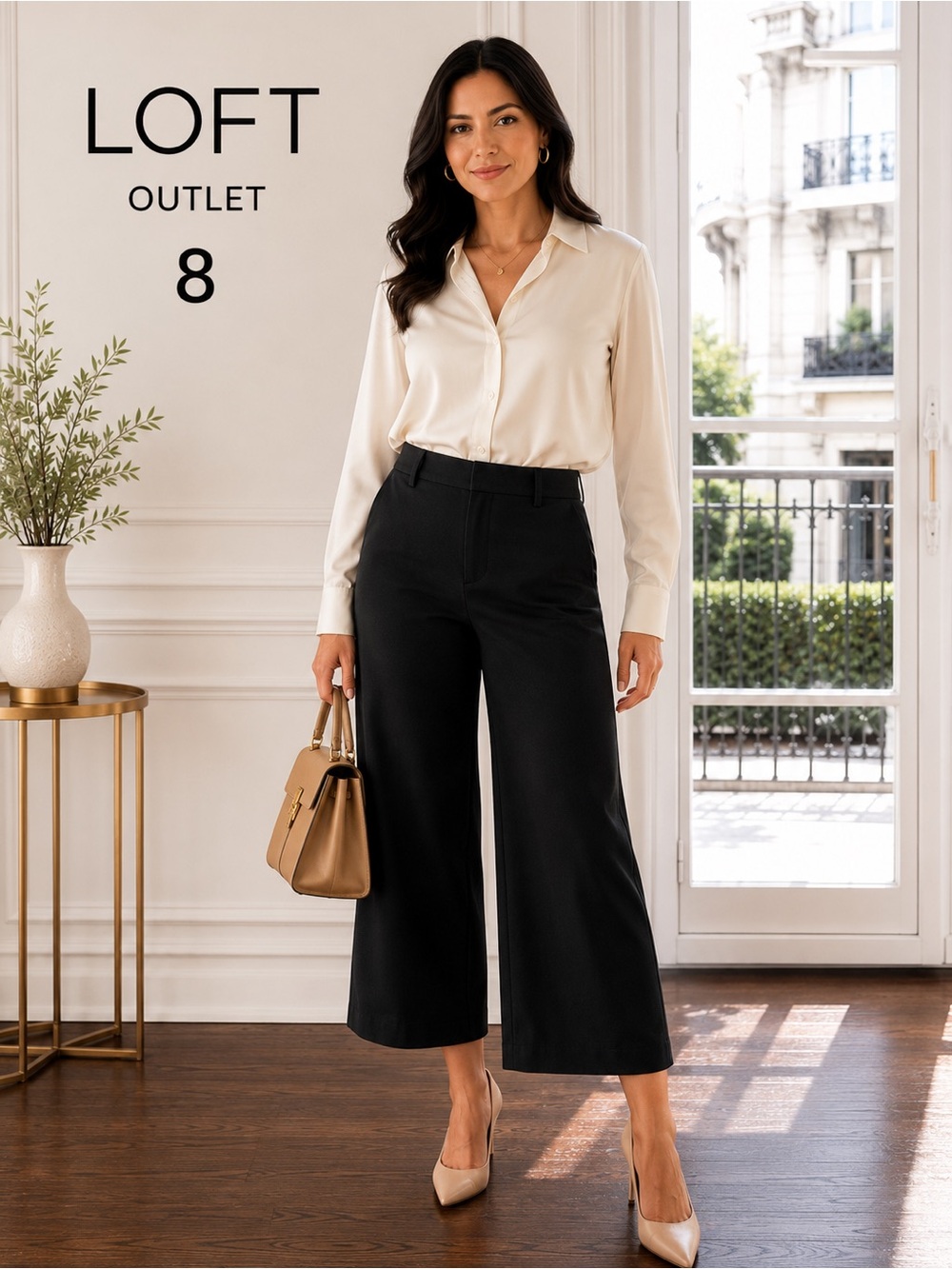 LOFT Outlet Wide Leg Crop Pants Black Stretch Career Size 8